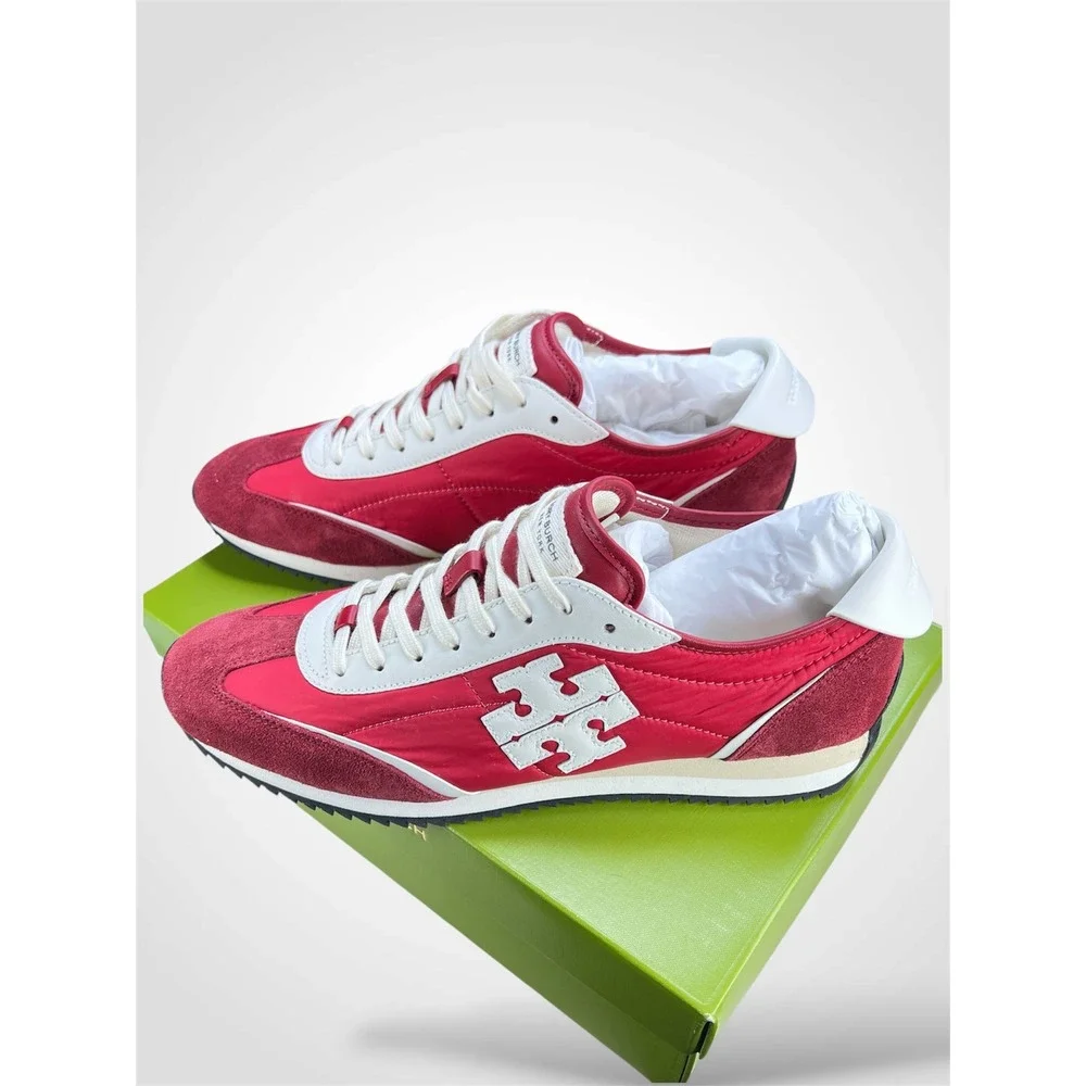 Tory Burch Vintage Sneaker 2.0 Tory Red White Leather Suede 164280 Womens 10.5